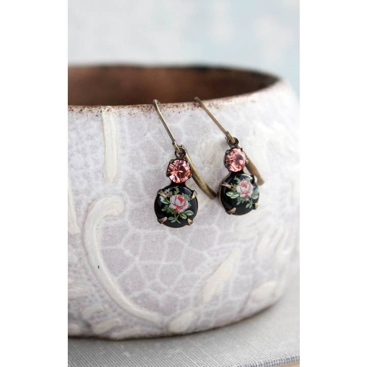 A Pocket of Posies - Wholesale Dangle Earrings - Little Cameo Earrings - Vintage Glass - Pink Rose on Black8
