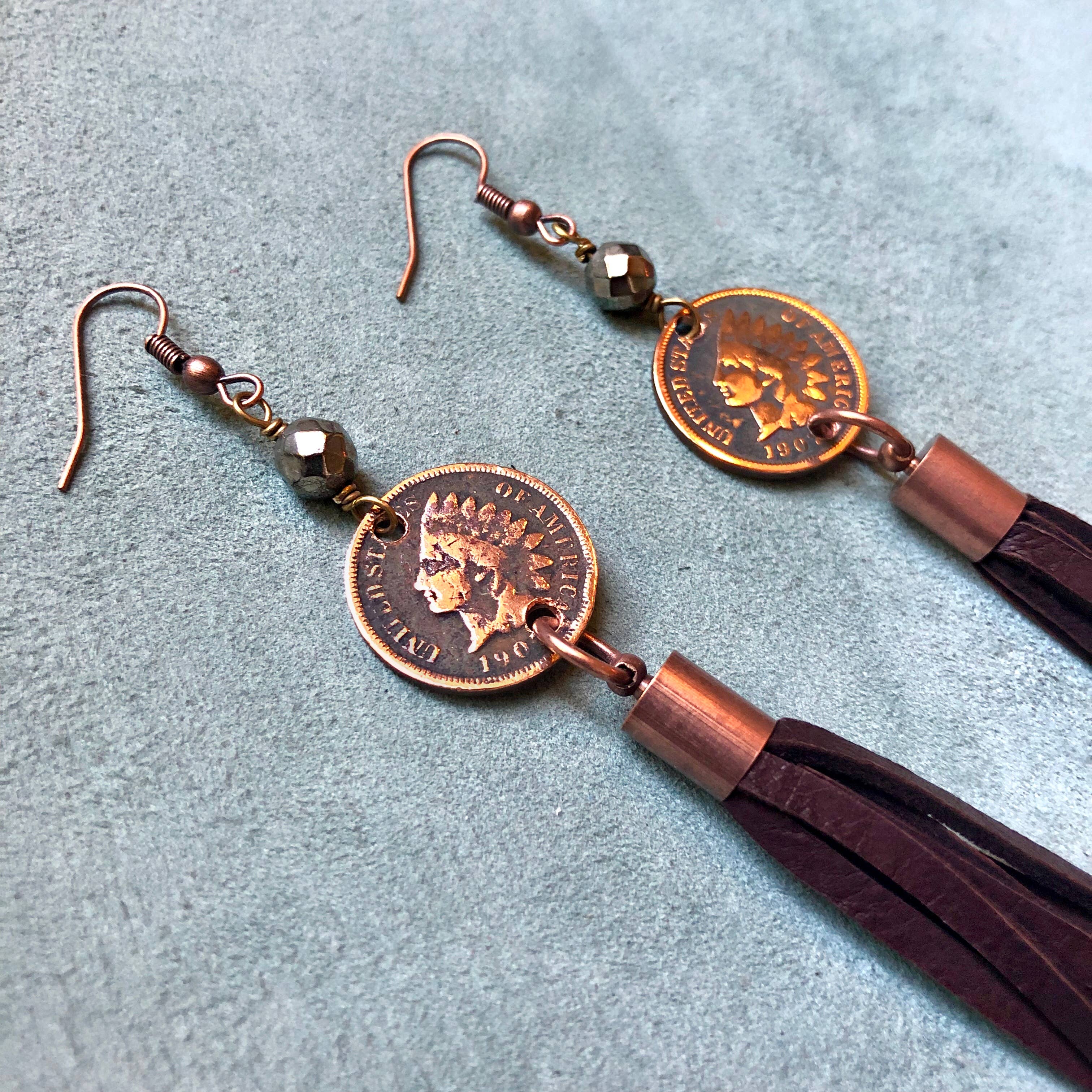 ASTALI - Wholesale Tassel Earrings - Indian Head Cent & Leather Tassel Earrings - Chocolate Brown8