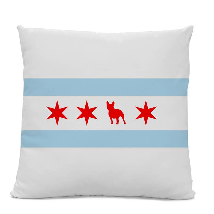 Kissen mit Chicago-Flagge, französische Bulldogge, 66 x 66 cm, Baumwolltwill für den Großhandel von Sophisticated Pup