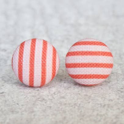 Pink and Red Stripes Fabric Button Earrings for wholesale by Rachel O's