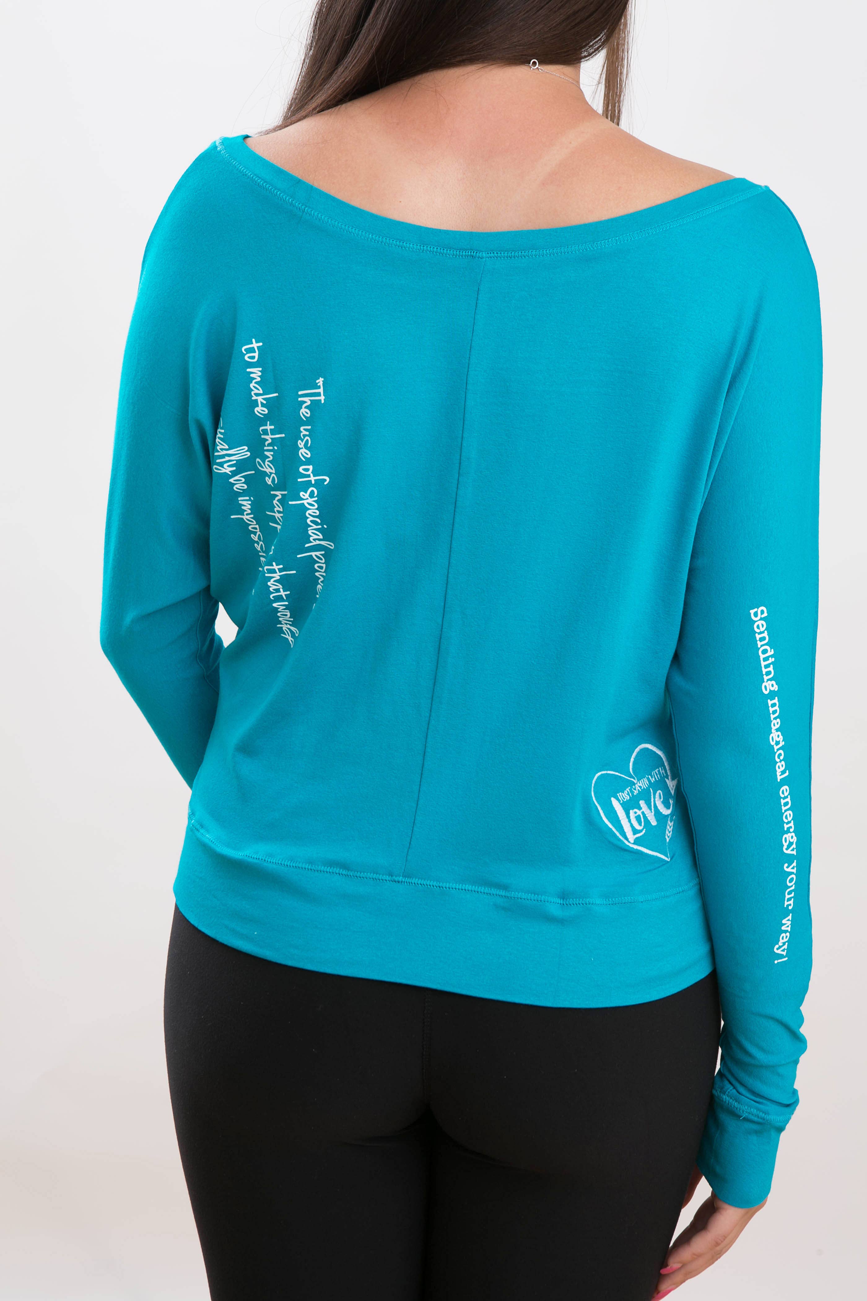 Just Sayin' With Love - Wholesale Screen Printed T-Shirt - Women's - Turquoise Off The Shoulder3