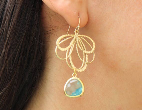 Laalee Jewelry - Wholesale Dangle Earrings - Aquamarine Earrings Gold Feather1