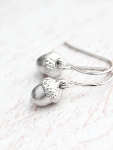 Little Acorn Earrings | matte silver drop earrings for wholesale by A Pocket of Posies