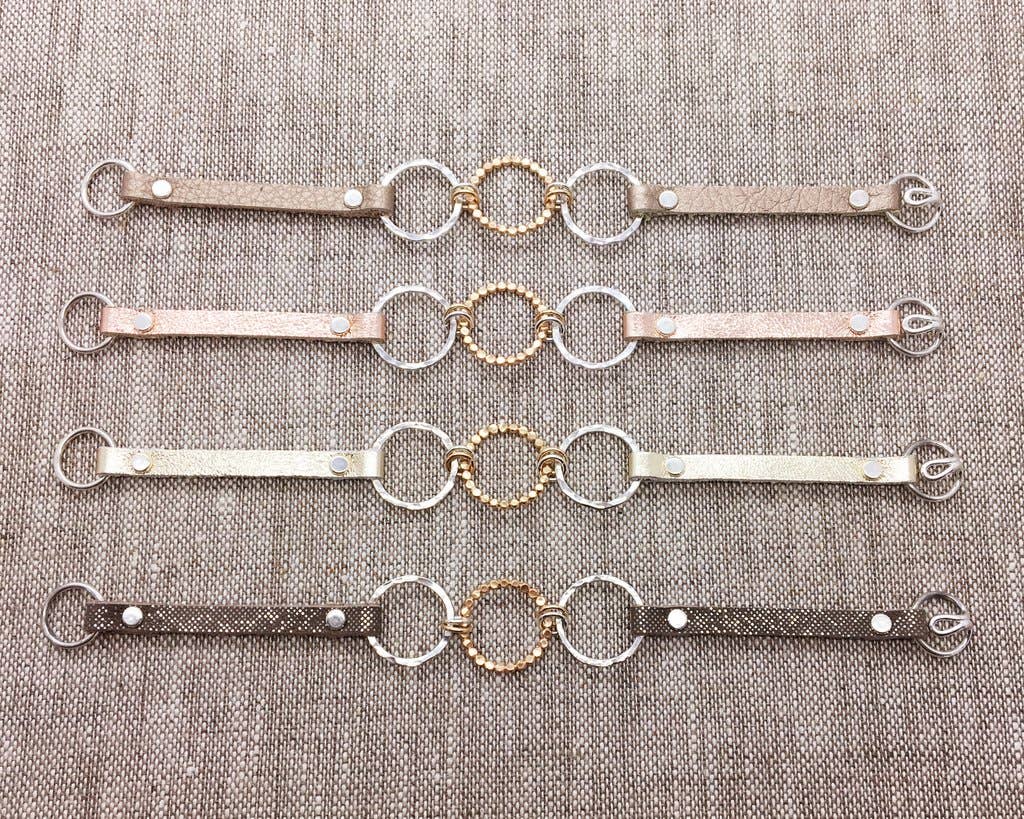 Devon Dowd Designs - Wholesale Beaded Bracelet - Triple Sterling & Gold Filled Bubble Circles & Metallic Leather0