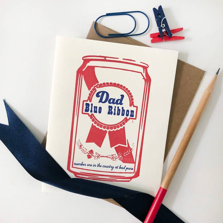 Blue Ribbon Dad - Carte de vœux typographique pour la fête des pères pour la vente par Steel Petal Press