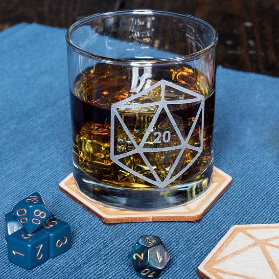 Monster Dance Designs - Wholesale Cocktail/Liquor Glass - D20 DnD Polyhedral Dice Whiskey Glass1