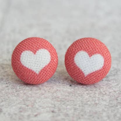 Rachel O's - Wholesale Stud/Post Earrings - Red and White Heart Fabric Button Earrings0