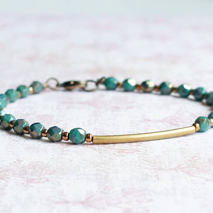 Turquoise Blue Czech Glass Beads And Bronze Bar Bracelet for wholesale by Sentimento