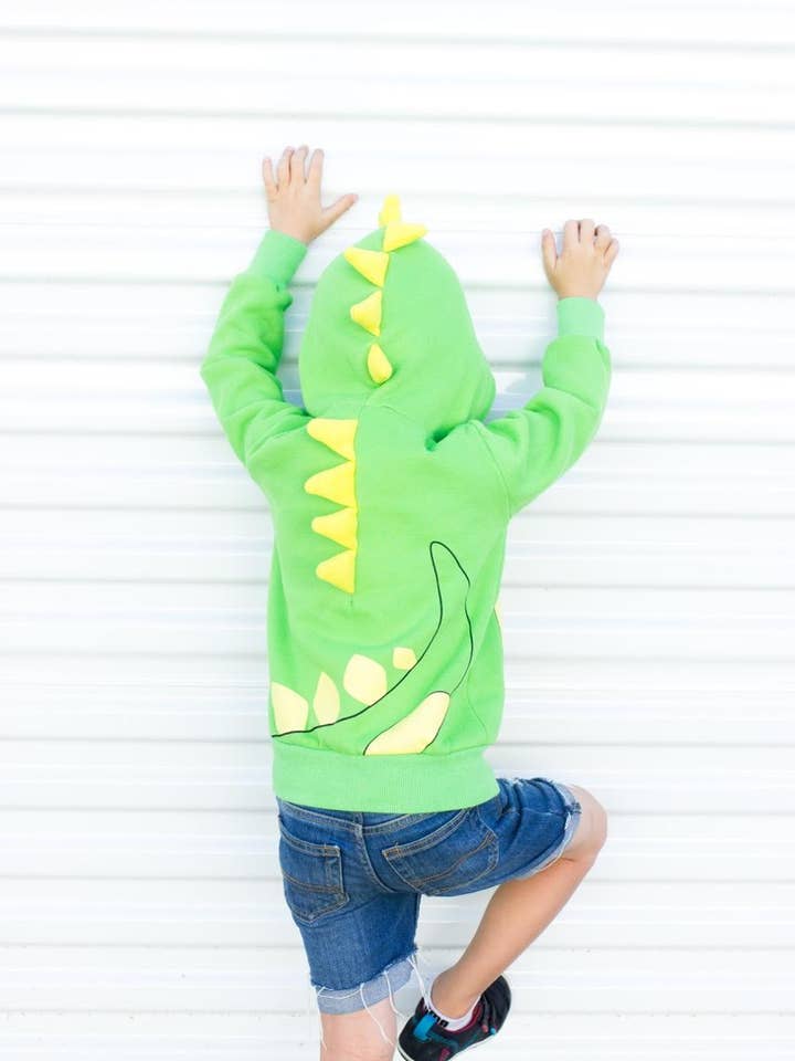 Dino Green met gele spikes 3D-hoodie voor peuters en kinderen voor wholesale door Doodle Pants