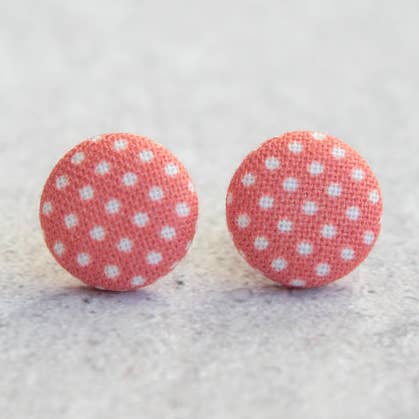 Red and White Polka Dot Fabric Button Earrings for wholesale by Rachel O's