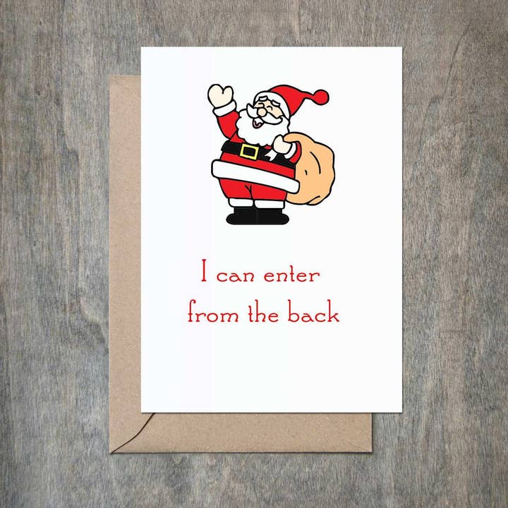 Back Door Rear Entry Santa Funny Christmas Card for wholesale by Crimson and Clover Studio