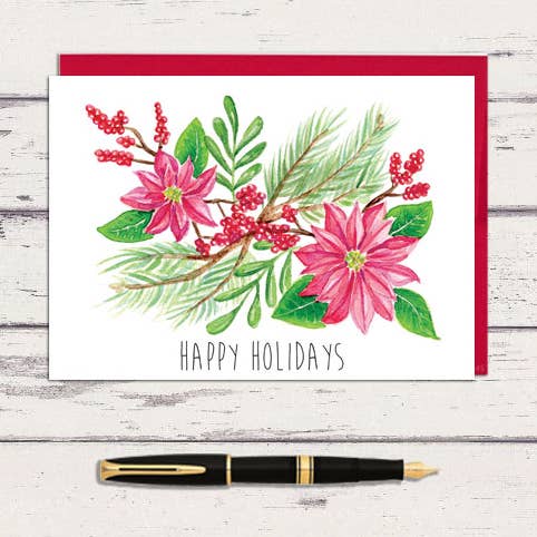 Meadowbrook Lane - Wholesale Season's Greetings Card - Watercolor Poinsettia Spray Greeting Card0