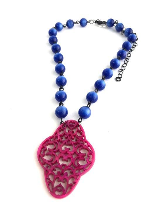 Leetie Lovendale - Wholesale Pendant/Charm Necklace - Sapphire Blue & Hot Pink Boho Lace Beaded Necklace