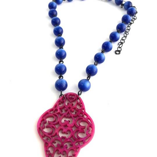 Leetie Lovendale - Wholesale Pendant/Charm Necklace - Sapphire Blue & Hot Pink Boho Lace Beaded Necklace0