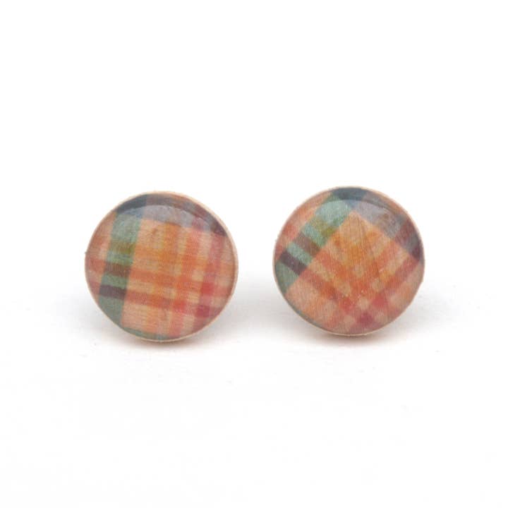 Rainbow plaid Wood Stud Earrings/ Titanium posts for wholesale by Starlight Woods