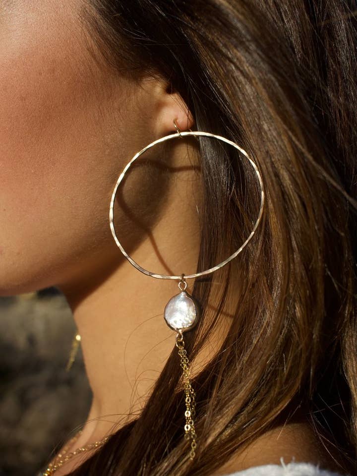 Dainty Pearl Hoops With Gold Tassels for wholesale by Toasted Jewelry