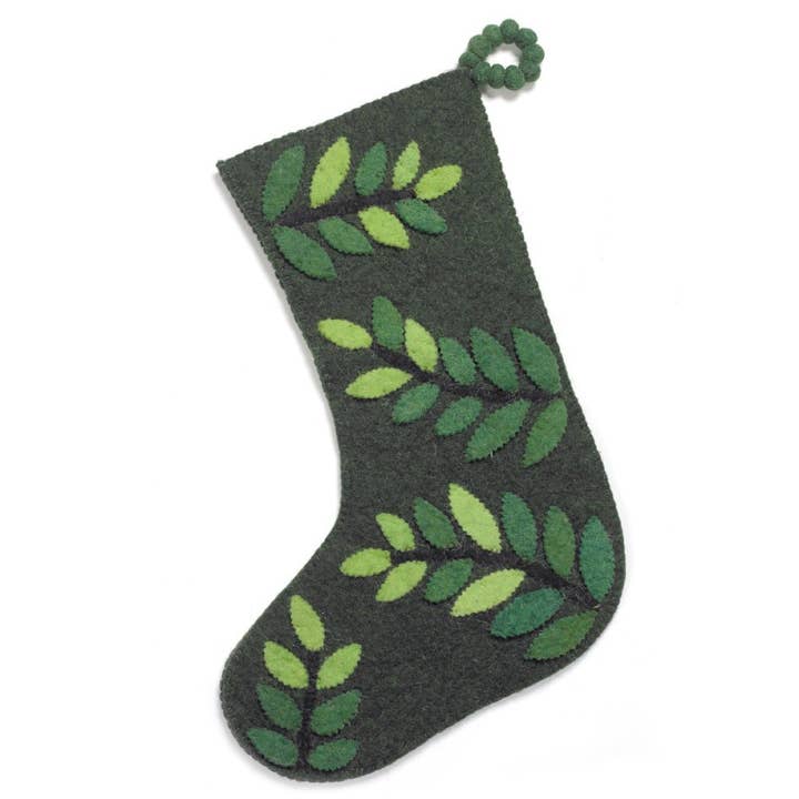 Felt Leaves Handmade Christmas Stocking in Green, Forest for wholesale by Arcadia Home