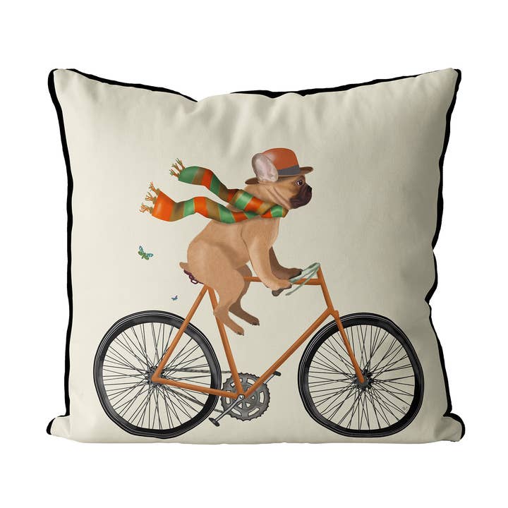 French Bulldog on Bicycle Dog Gift pillow or patio cushion for wholesale by FabFunky Ltd