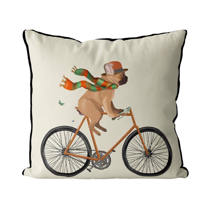 French Bulldog on Bicycle Dog Cadeaukussen of terraskussen voor wholesale door FabFunky Ltd