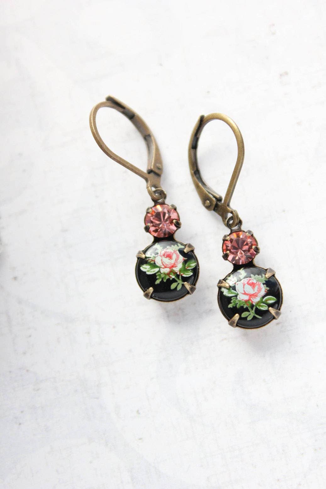 A Pocket of Posies - Wholesale Dangle Earrings - Little Cameo Earrings - Vintage Glass  - Pink Rose on Black7