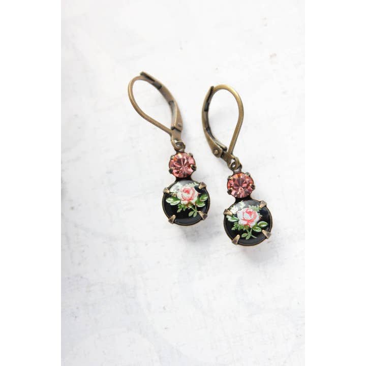 A Pocket of Posies - Wholesale Dangle Earrings - Little Cameo Earrings - Vintage Glass - Pink Rose on Black7