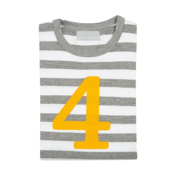 Grey Marl & White Striped Number 4 T-shirt (Mustard) for wholesale by Bob & Blossom Ltd