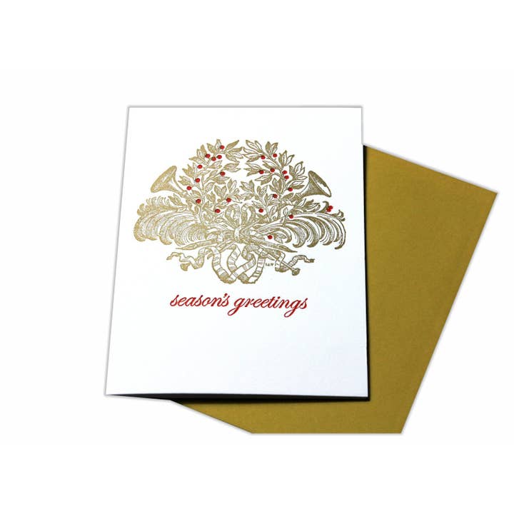 Brevtryk Julekort med Holiday Seasons Hilsner Trompet Fanfare for engroshandel hos Inkadinkadoodle