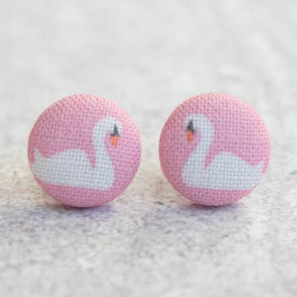 Pink Swans Fabric Button Earrings for wholesale by Rachel O's