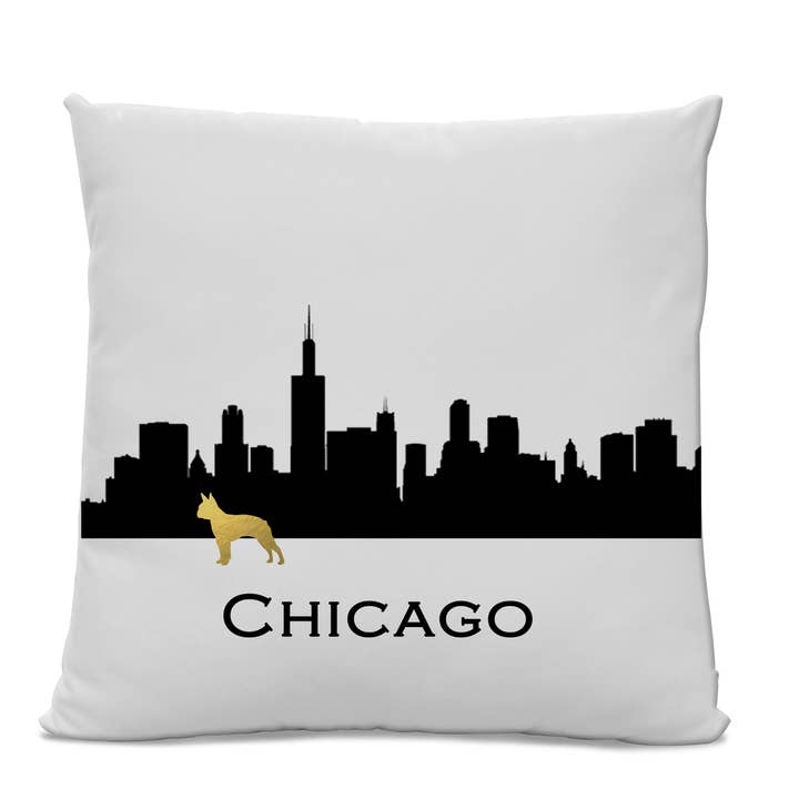 Chicago Skyline Boston Pillow 26" X 26" Spun Polyester for wholesale by Sophisticated Pup