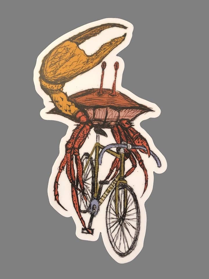 Crab On A Bicycle Vinyl Sticker for wholesale by Dark Cycle Clothing