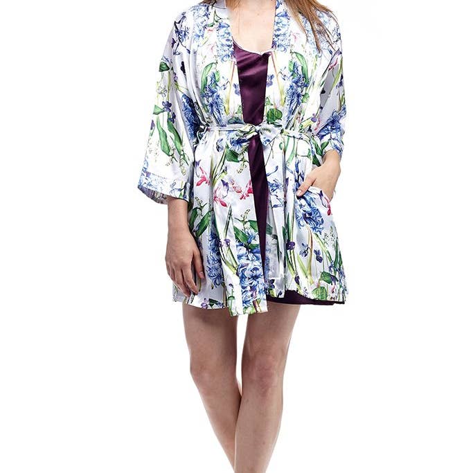 Floral Satin Short Robe - Lilac for wholesale by La Cera