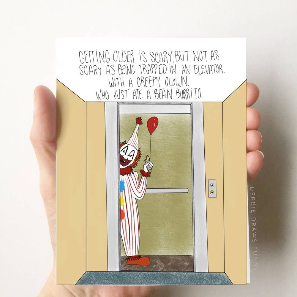 Debbie Draws Funny - Wholesale Birthday Card - Funny Clown Birthday Card, Getting Older is Scary0