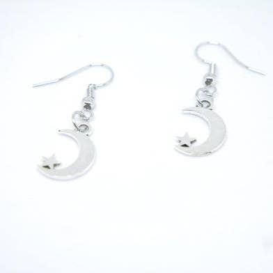 Light Small Moon and Star Pendant Dangle Delicate Dainty Silver Plated Earrings for wholesale by Foxfire Stones