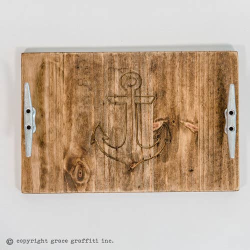 Engraved Wooden Anchor Tray with Steel Cleats for wholesale by Grace Graffiti