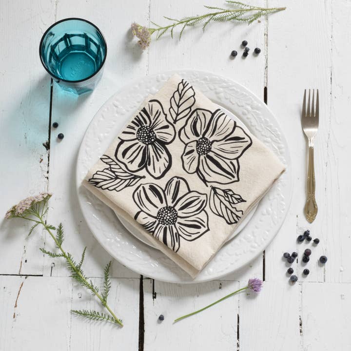 Hearth and Harrow - Wholesale Tea Towel - Organic Cotton Dogwood Tea Towel - Black - Flower Print