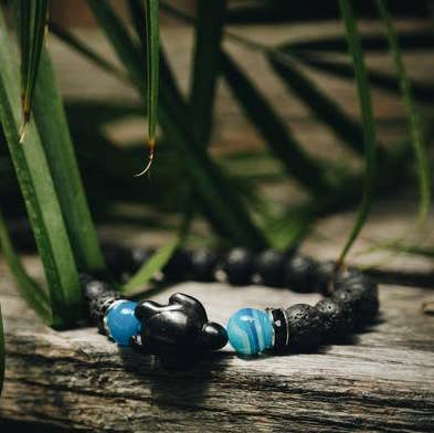 Black Elastic Cord - Save The Ocean / Volcanic Rock And Blue Striped Agate Turtle Bracelet for wholesale by Foxfire Stones