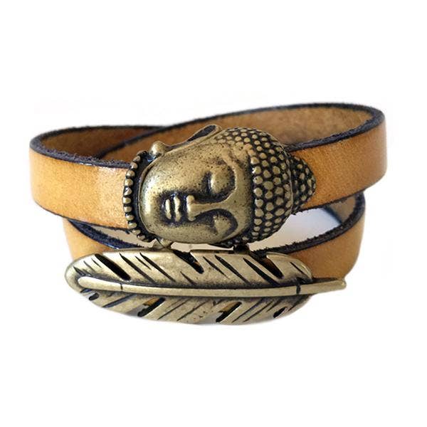 Goudgeel - Grote Boeddha en veer messing leren armband voor wholesale door LIVE AHA