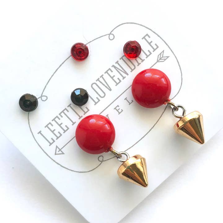 Very Cherry Red & Gold Spike Small Studs Set for wholesale by Leetie Lovendale