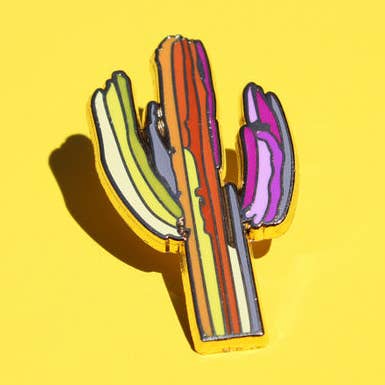 Technicolor Saguaro Enamel Pin for wholesale by Paige Poppe Art