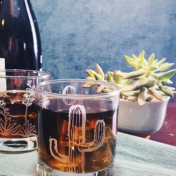 Monster Dance Designs - Wholesale Cocktail/Liquor Glass - Cactus Etched Whiskey Glass