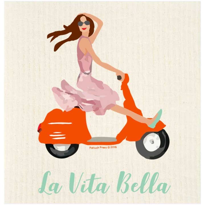 La Vita Bella Vespa Swedish Dishcloth for wholesale by Potluck Press