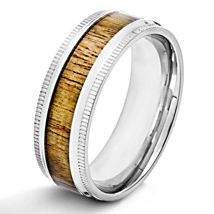 Wood Inlay Ridged Edge Stainless Steel Band Ring for wholesale by West Coast Jewelry