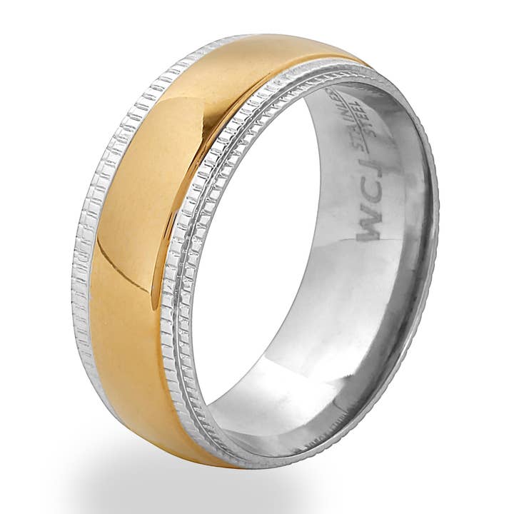Two Tone Gold Plated Stainless Steel Ridged Edges Ring for wholesale by West Coast Jewelry