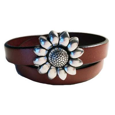 Tan - Zonnebloem zilveren leren armband voor wholesale door LIVE AHA