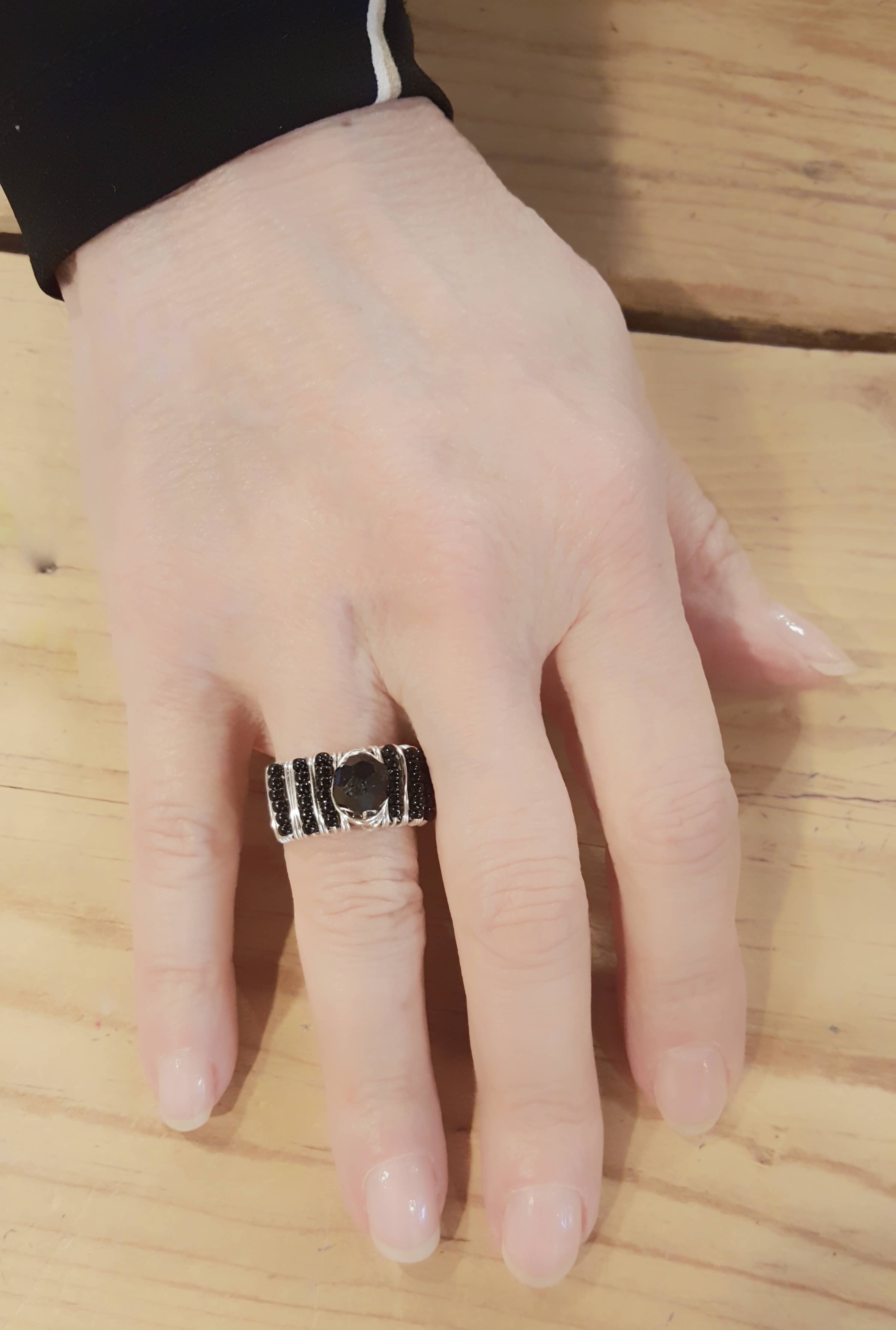 Wrap Your Style - Wholesale Cocktail/Statement Ring - Adjustable Silver Ring Center Black Stone2