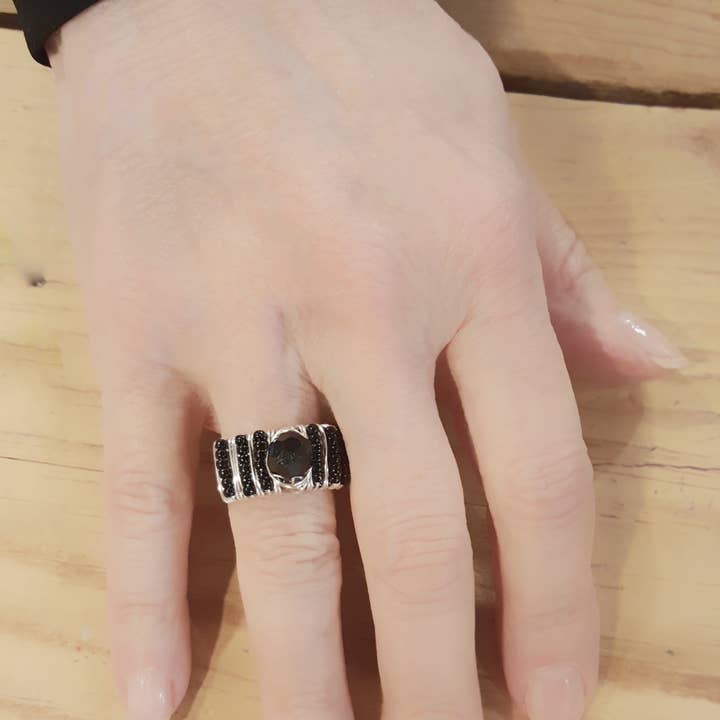 Wrap Your Style - Wholesale Cocktail/Statement Ring - Adjustable Silver Ring Center Black Stone2