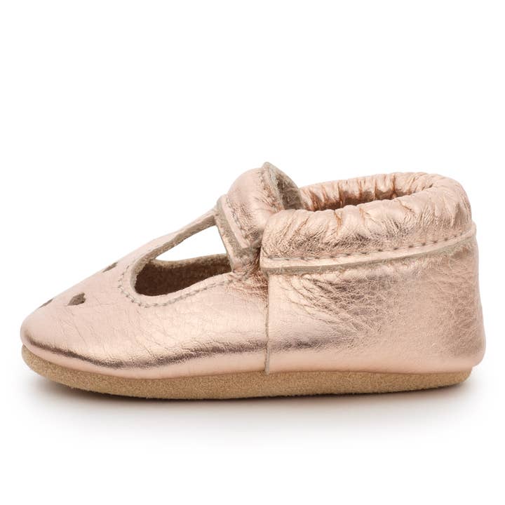 Mary Jane Baby Moccasins - Leather Baby Shoes (Rose Gold) for wholesale by BirdRock Baby