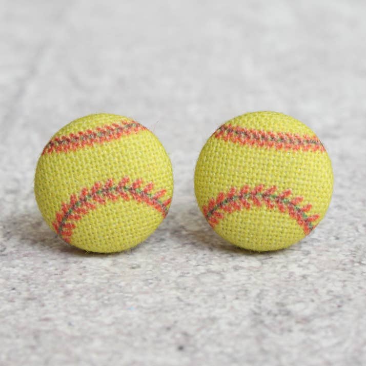 Softball Fabric Button Earrings for wholesale by Rachel O's