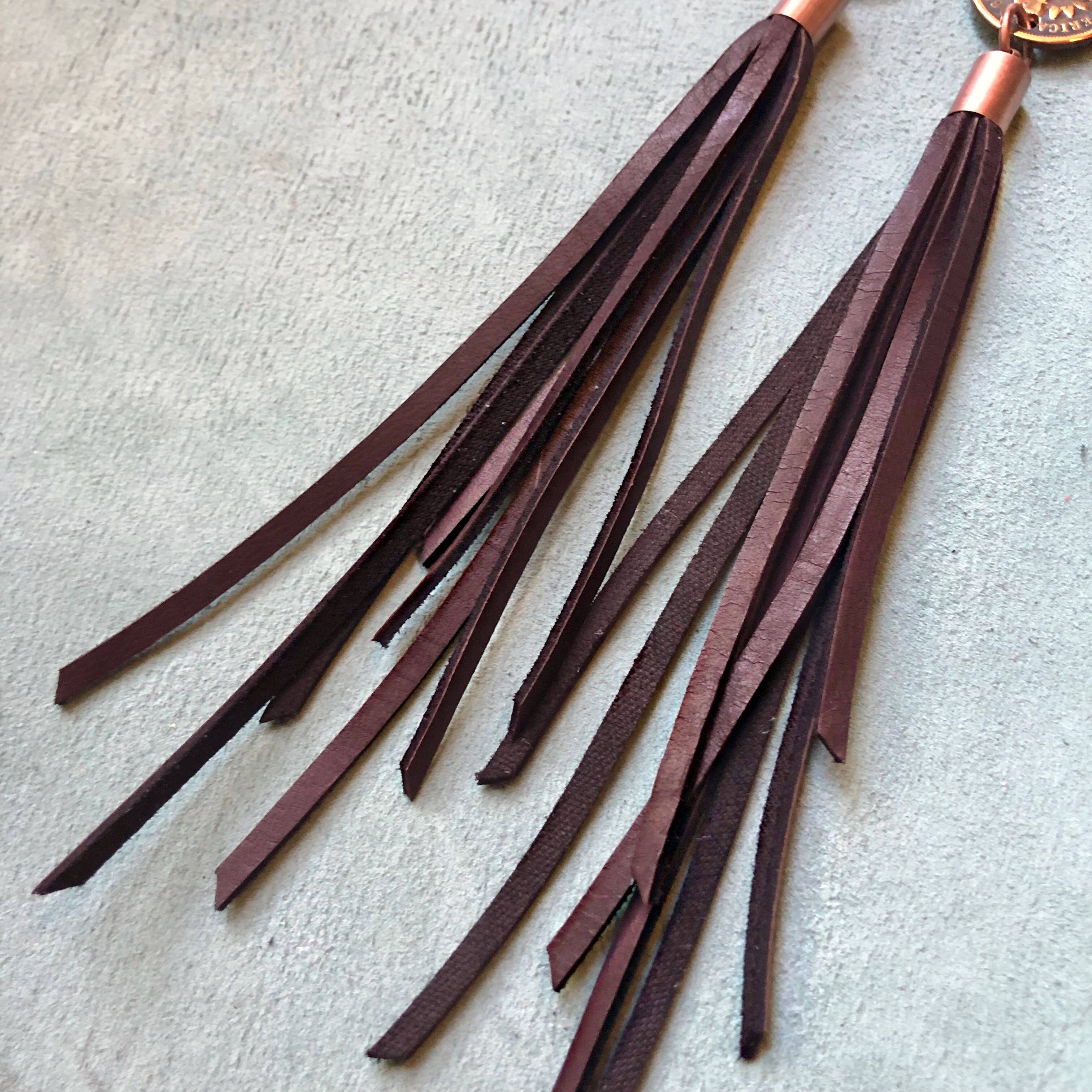ASTALI - Wholesale Tassel Earrings - Indian Head Cent & Leather Tassel Earrings - Chocolate Brown6
