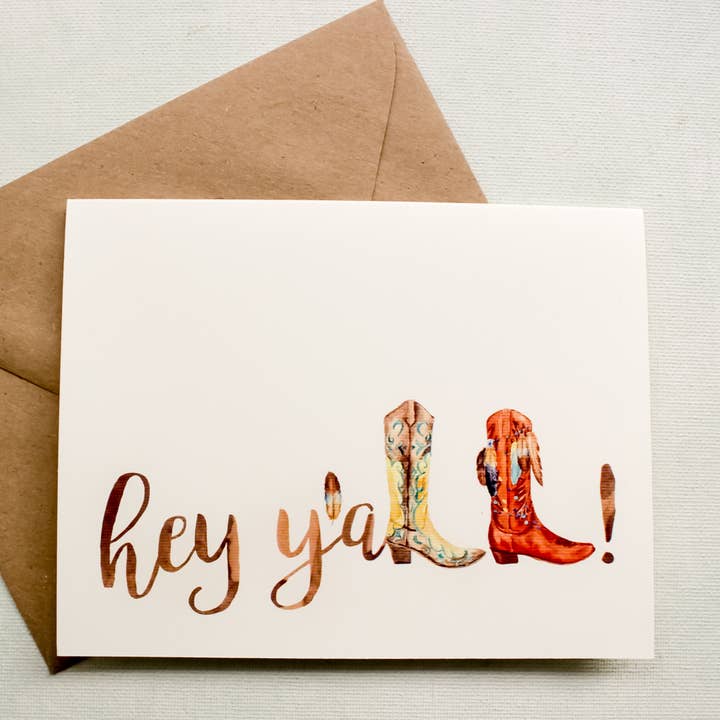 Hey Y'all Cowgirl Boot Greeting Card - Boxed Set of 8 for wholesale by Sunshine and Ravioli